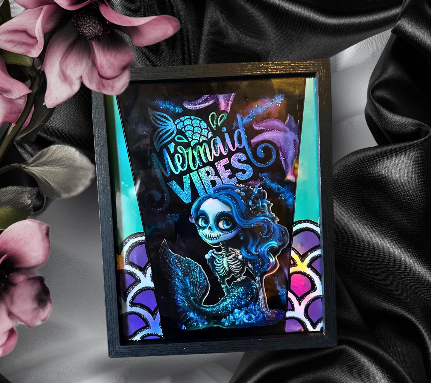 Gothic Caricature Skeleton Mermaid Shadowbox, Unique Dark Academia Wall Decor, Perfect Art for a Gothic Living Space