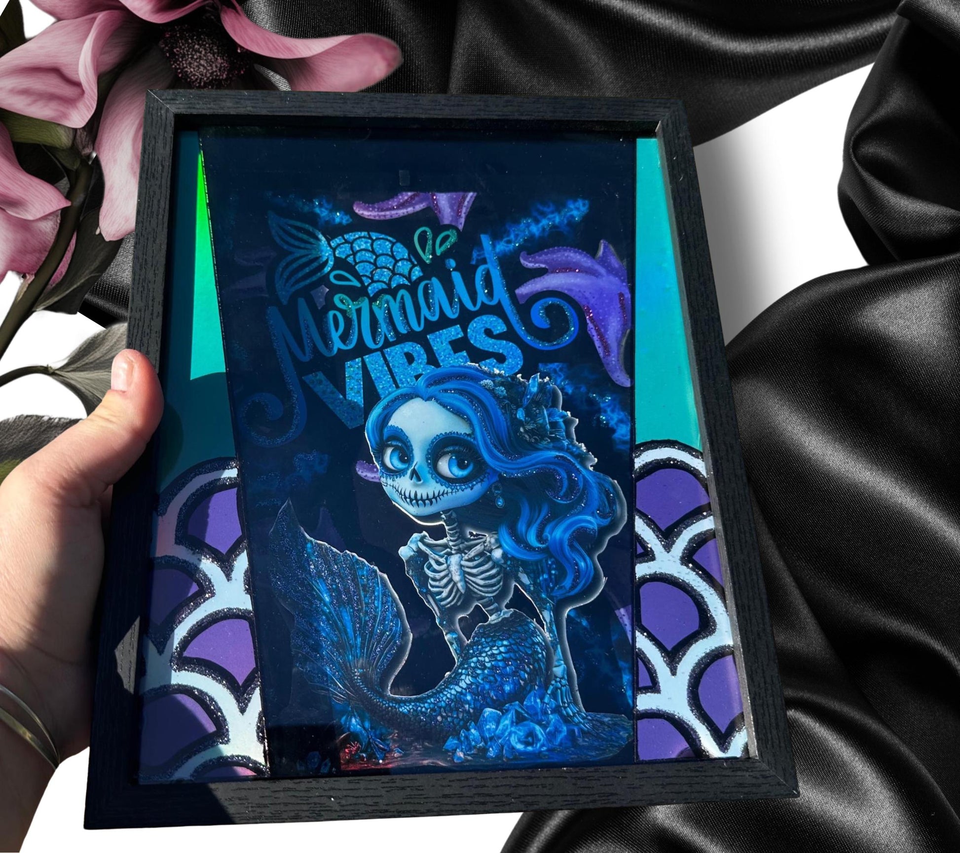 Gothic Caricature Skeleton Mermaid Shadowbox, Unique Dark Academia Wall Decor, Perfect Art for a Gothic Living Space