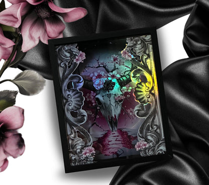 Gothic Cherry Blossom Cow Skull Shadowbox, Unique Dark Academia Wall Decor, Perfect Art for a Gothic Living Space