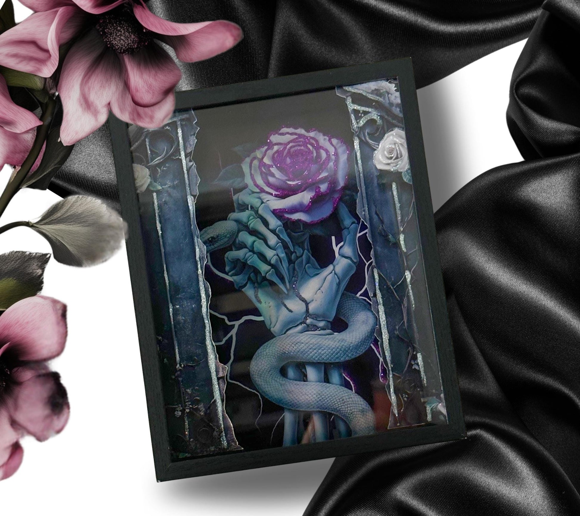 Skeleton Hand & Purple Rose Snake Shadowbox, Unique Dark Academia Wall Decor, Perfect Art for a Gothic Living Space