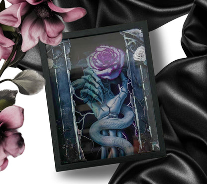 Skeleton Hand & Purple Rose Snake Shadowbox, Unique Dark Academia Wall Decor, Perfect Art for a Gothic Living Space