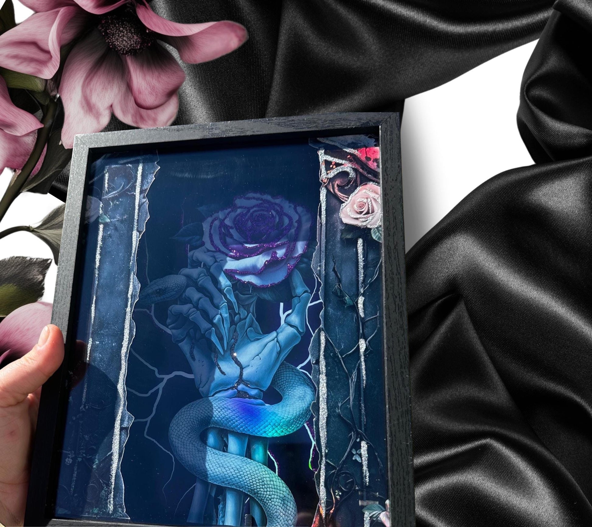 Skeleton Hand & Purple Rose Snake Shadowbox, Unique Dark Academia Wall Decor, Perfect Art for a Gothic Living Space