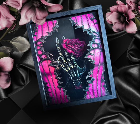 Gothic Skeleton Hand Lover Rose Shadowbox, Unique Dark Academia Wall Decor, Perfect Art for a Gothic Living Spcae