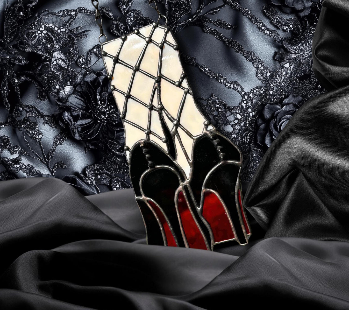 Punk Red Bottom Heels Stained Glass– Gothic Wall Hanging Statement Piece or Captivating One-of-a-Kind Window Sun Catcher