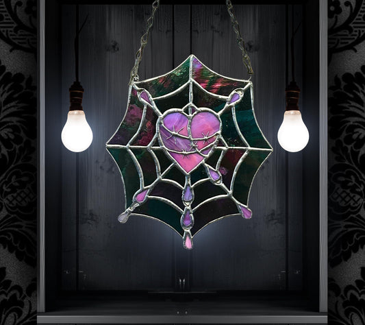 Gothic Stained Glass, Featuring a Stitched Heart and Spider Web – A Unique and Captivating Dark Decor Wall Art & Window Sun Catcher