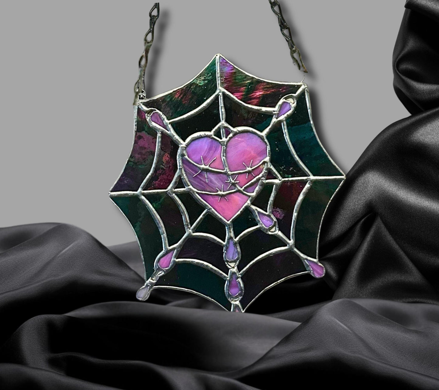 Gothic Stained Glass, Featuring a Stitched Heart and Spider Web – A Unique and Captivating Dark Decor Wall Art & Window Sun Catcher