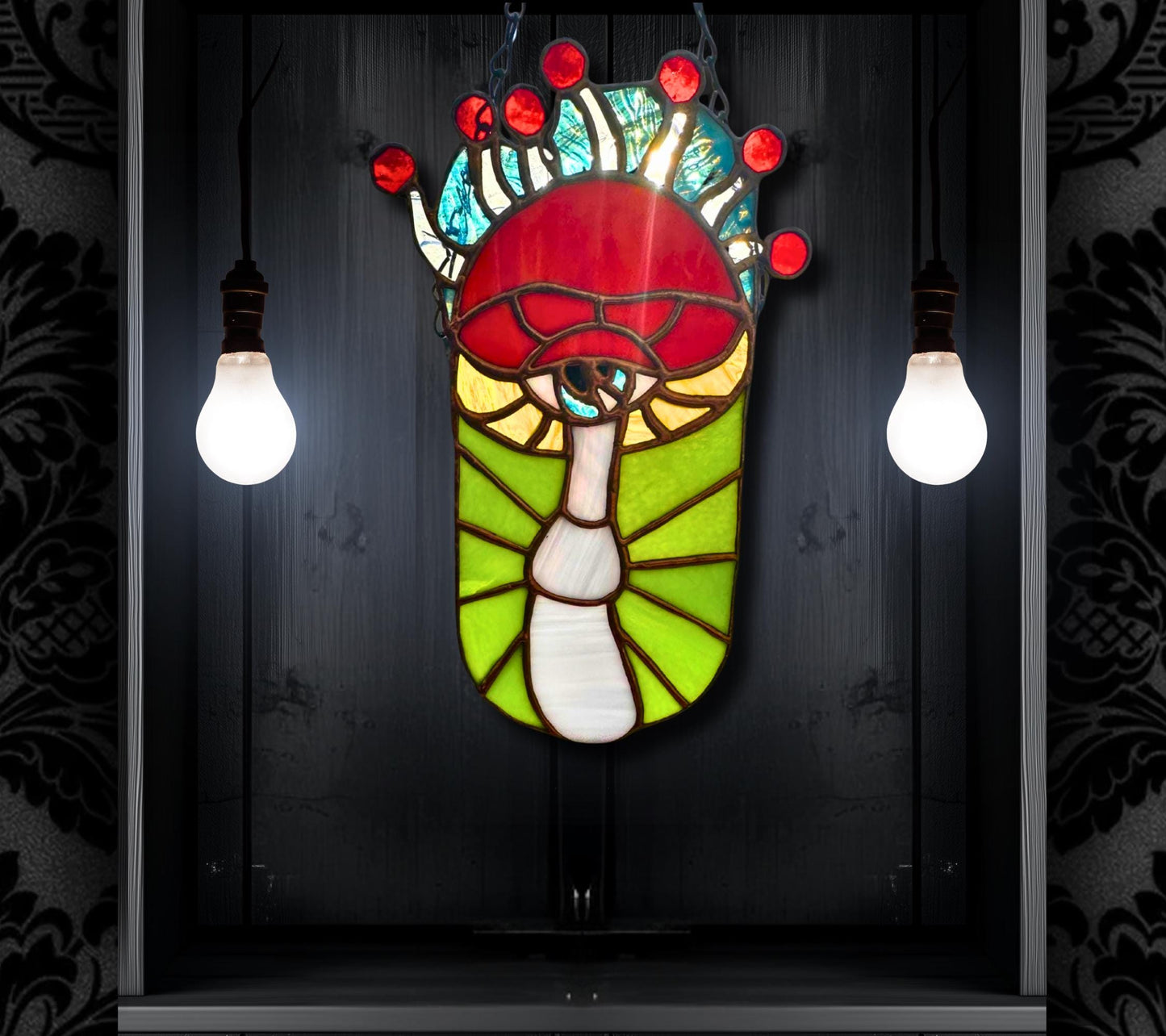 Psychedelic Magic Mushroom Stained Glass – Handmade Trippy Wall Art, Boho Shroom Decor