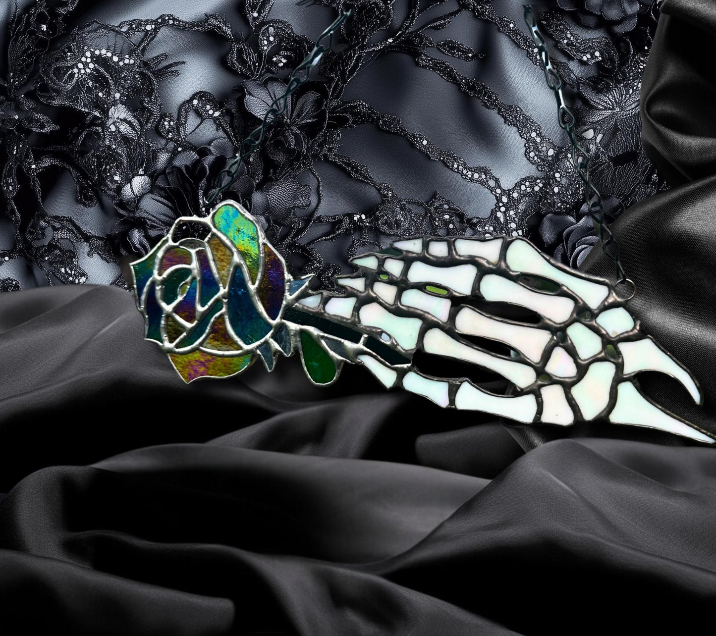 Stained Glass Skeleton Hand with Iridescent Rose – Gothic Window Suncatcher, Handmade Wall Hanging Art