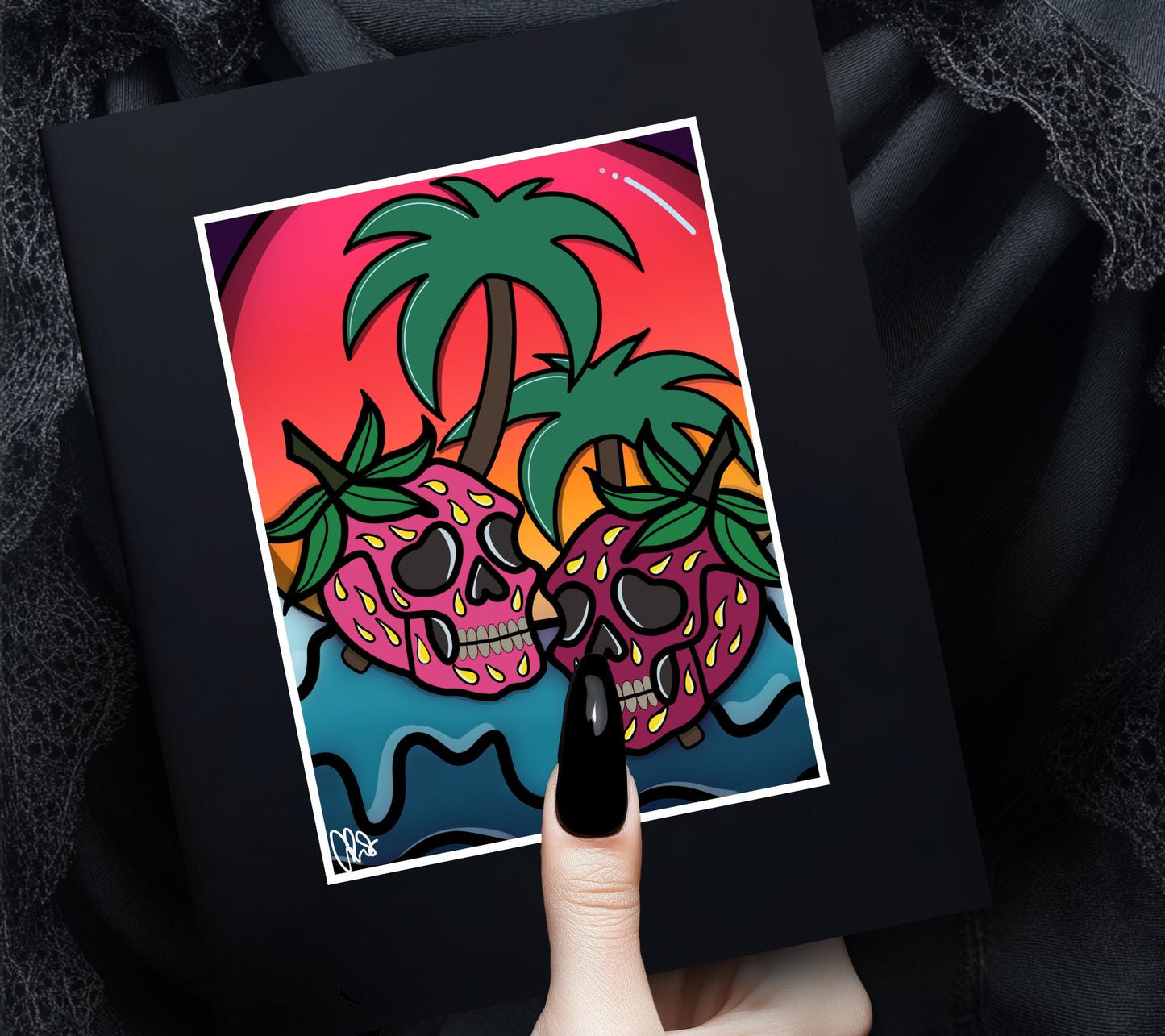 Florida Strawberry Skulls Art Print – Gothic Cute Design, 11x14 Matted, Sunset & Palm Trees, Hand-Drawn, Signed Artwork