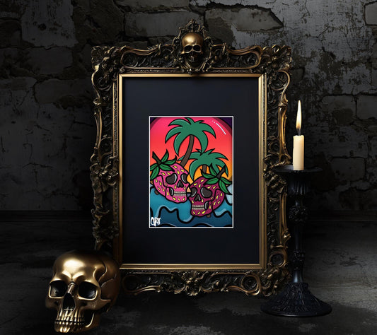 Florida Strawberry Skulls Art Print – Gothic Cute Design, 11x14 Matted, Sunset & Palm Trees, Hand-Drawn, Signed Artwork