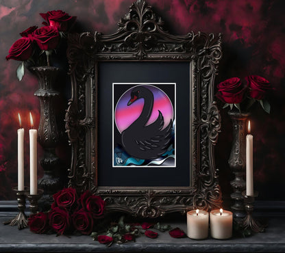 Dark Florida Pink Sunset Black Swan Art Print – 11x14 Matted, Elegant Gothic Ocean Scene, Hand-Drawn & Signed Artwork