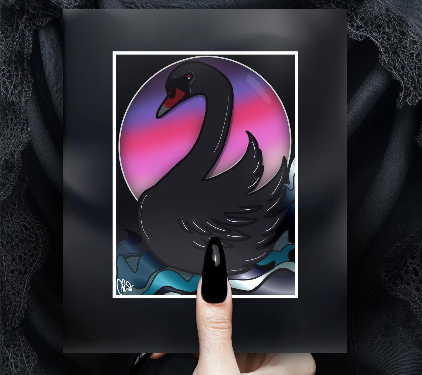 Dark Florida Pink Sunset Black Swan Art Print – 11x14 Matted, Elegant Gothic Ocean Scene, Hand-Drawn & Signed Artwork