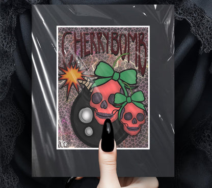 Gothic Skull Cherry Bomb Art Print – 11x14 Matted, Leopard Print & ‘Cherrybomb’ Mantra, Hand-Drawn, Signed Artwork