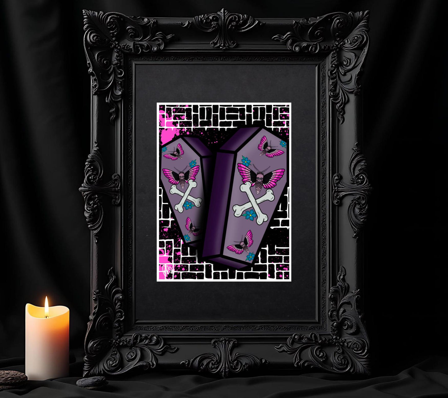 Gothic Deathhead Skull Moth Coffin Art Print – 11x14 Matted, Graffiti Brick Wall Design, Hand-Drawn & Signed Artwork