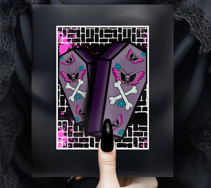 Gothic Deathhead Skull Moth Coffin Art Print – 11x14 Matted, Graffiti Brick Wall Design, Hand-Drawn & Signed Artwork