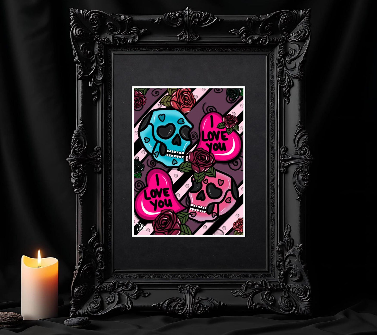 Gothic Valentine’s Day Art Print – Skulls, Conversation Hearts & Roses, 11x14 Matted, Romantic Dark Aesthetic Home Decor