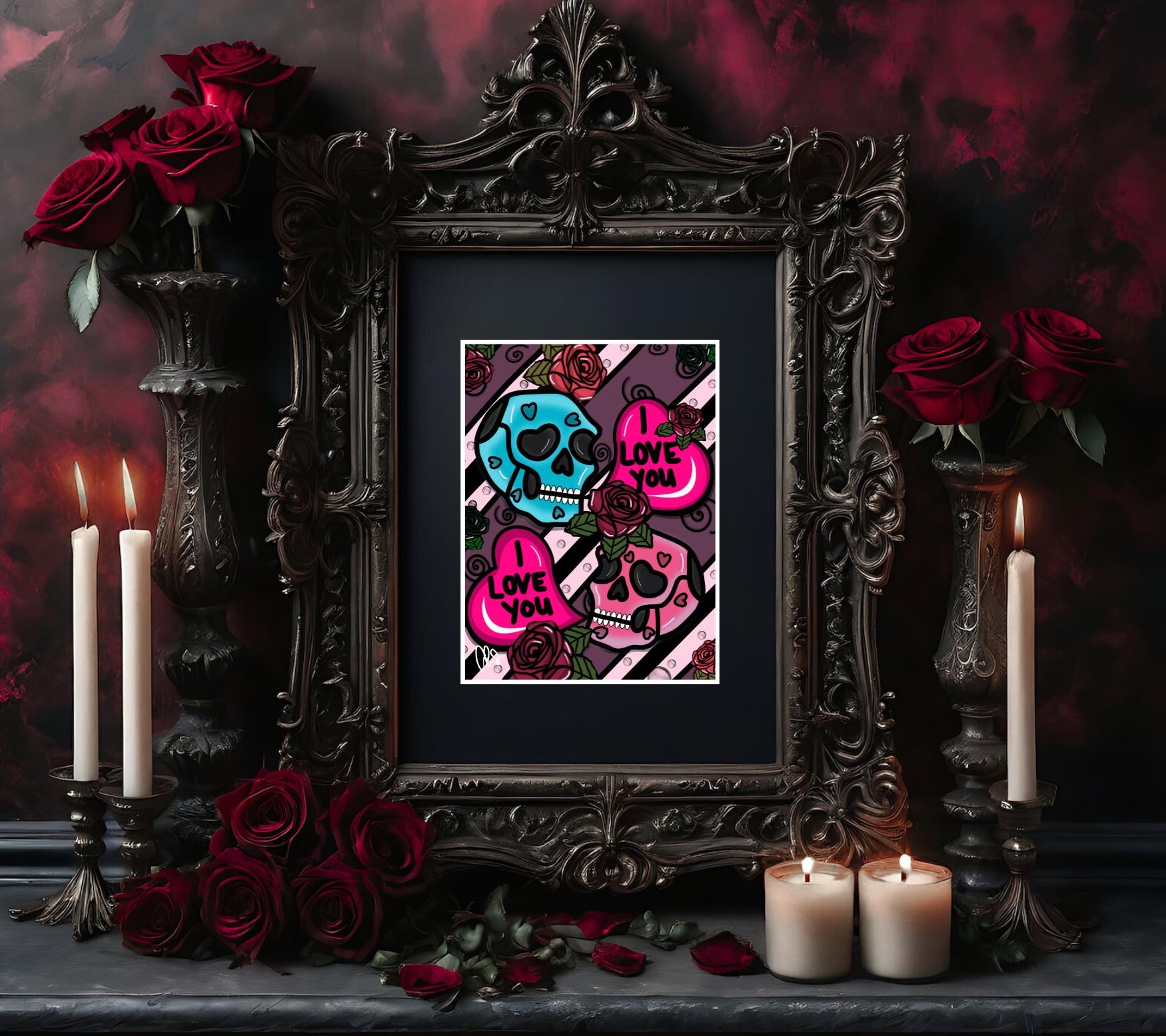 Gothic Valentine’s Day Art Print – Skulls, Conversation Hearts & Roses, 11x14 Matted, Romantic Dark Aesthetic Home Decor