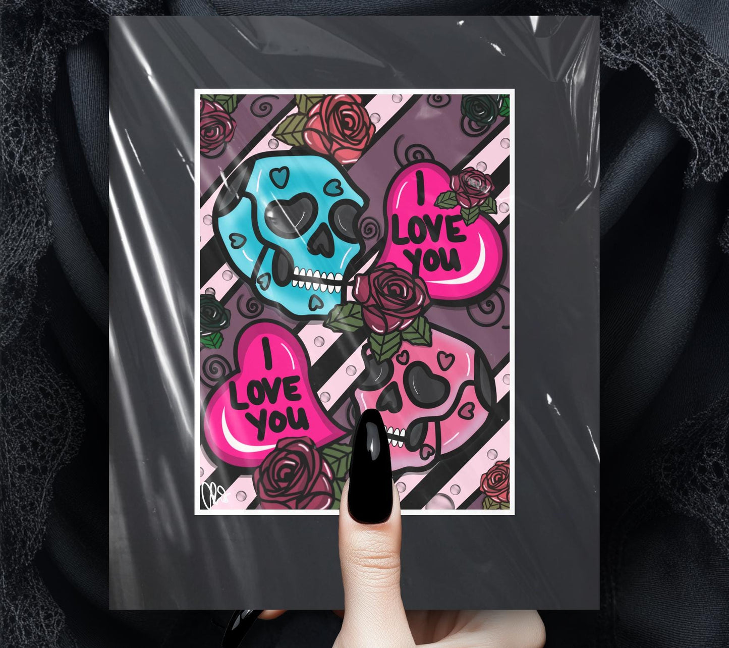 Gothic Valentine’s Day Art Print – Skulls, Conversation Hearts & Roses, 11x14 Matted, Romantic Dark Aesthetic Home Decor