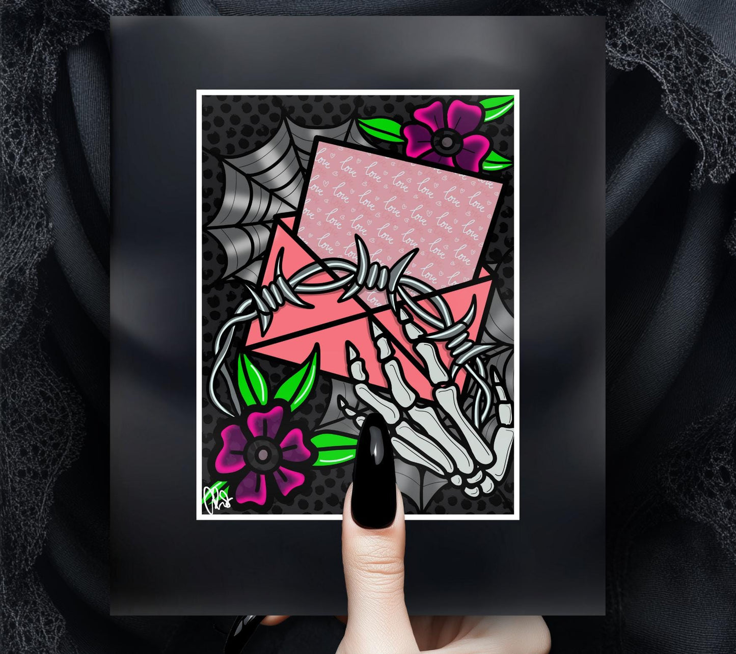 Barb Wire Love Letter Gothic Art Print – Skeleton Hand, Dark Flowers & Spider Webs, 11x14 Matted Valentine’s Day Wall Decor