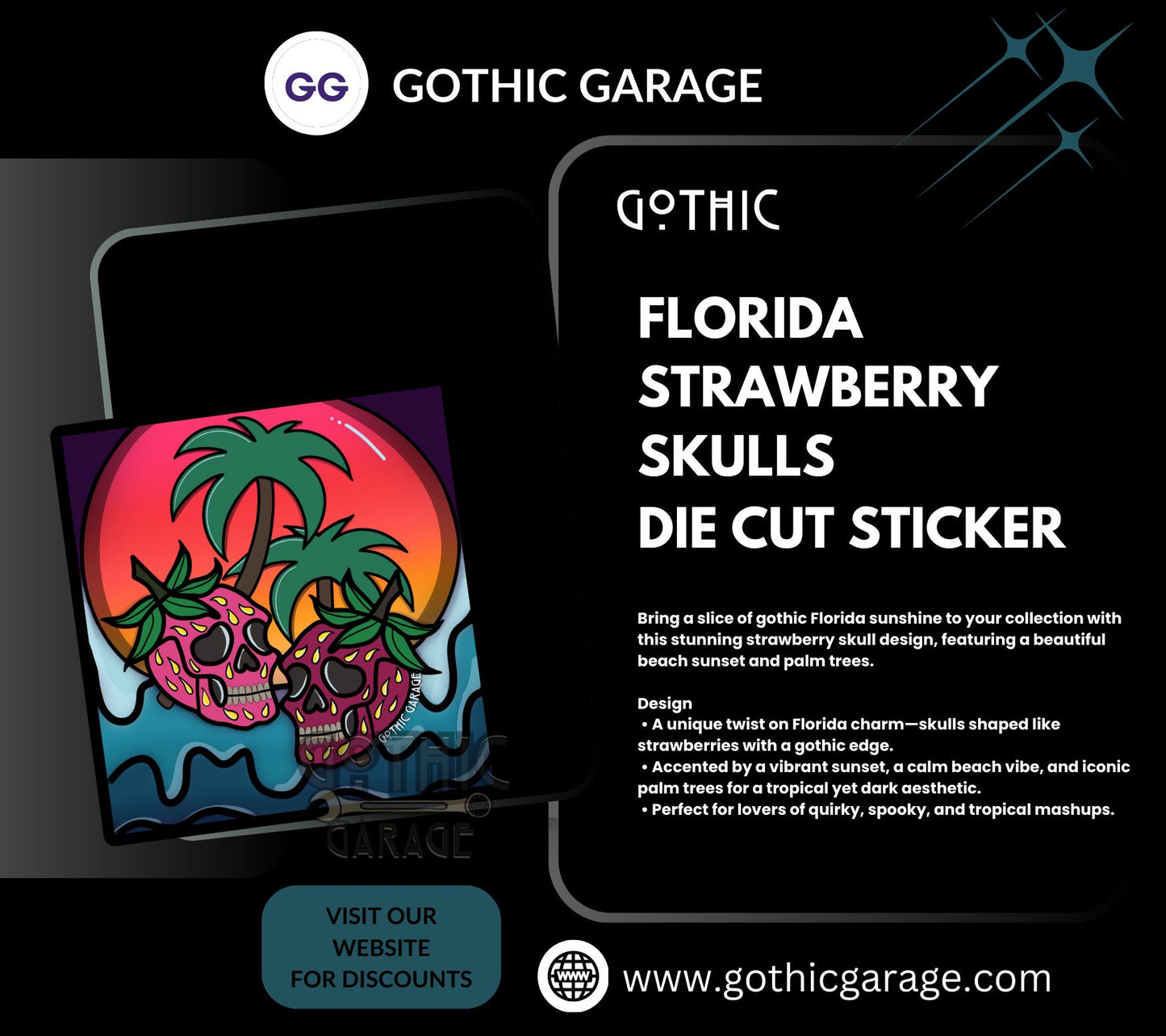 Florida Strawberry Skulls, Waterproof Die Cut Sticker, Choose Between Glossy or Holographic, Perfect to Add Fun to any Surface