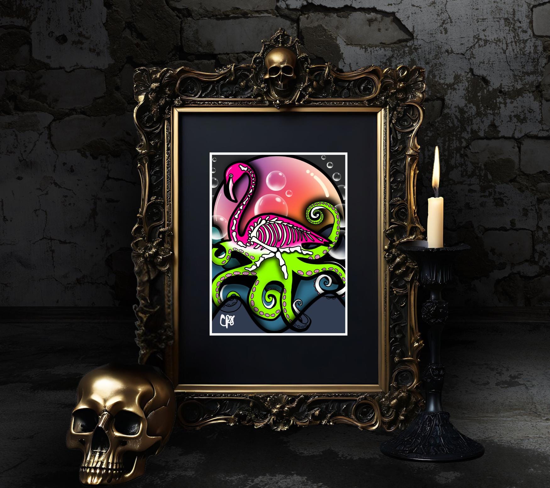 Sunset Flamingo Skeleton Octopus Art Print – Dark Gothic Ocean Vibes with a Surreal Twist, 11x14 Matted or Frameable 8x10 Design