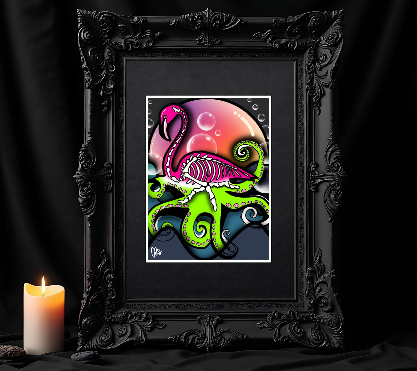 Sunset Flamingo Skeleton Octopus Art Print – Dark Gothic Ocean Vibes with a Surreal Twist, 11x14 Matted or Frameable 8x10 Design