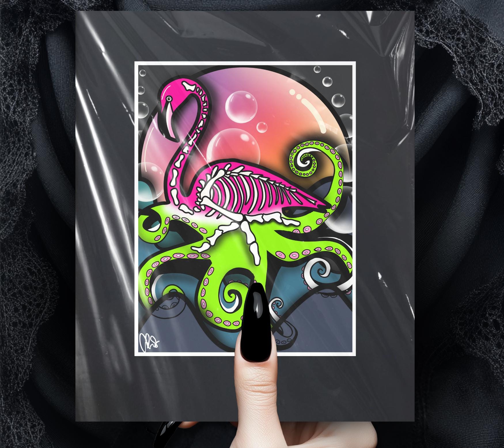 Sunset Flamingo Skeleton Octopus Art Print – Dark Gothic Ocean Vibes with a Surreal Twist, 11x14 Matted or Frameable 8x10 Design