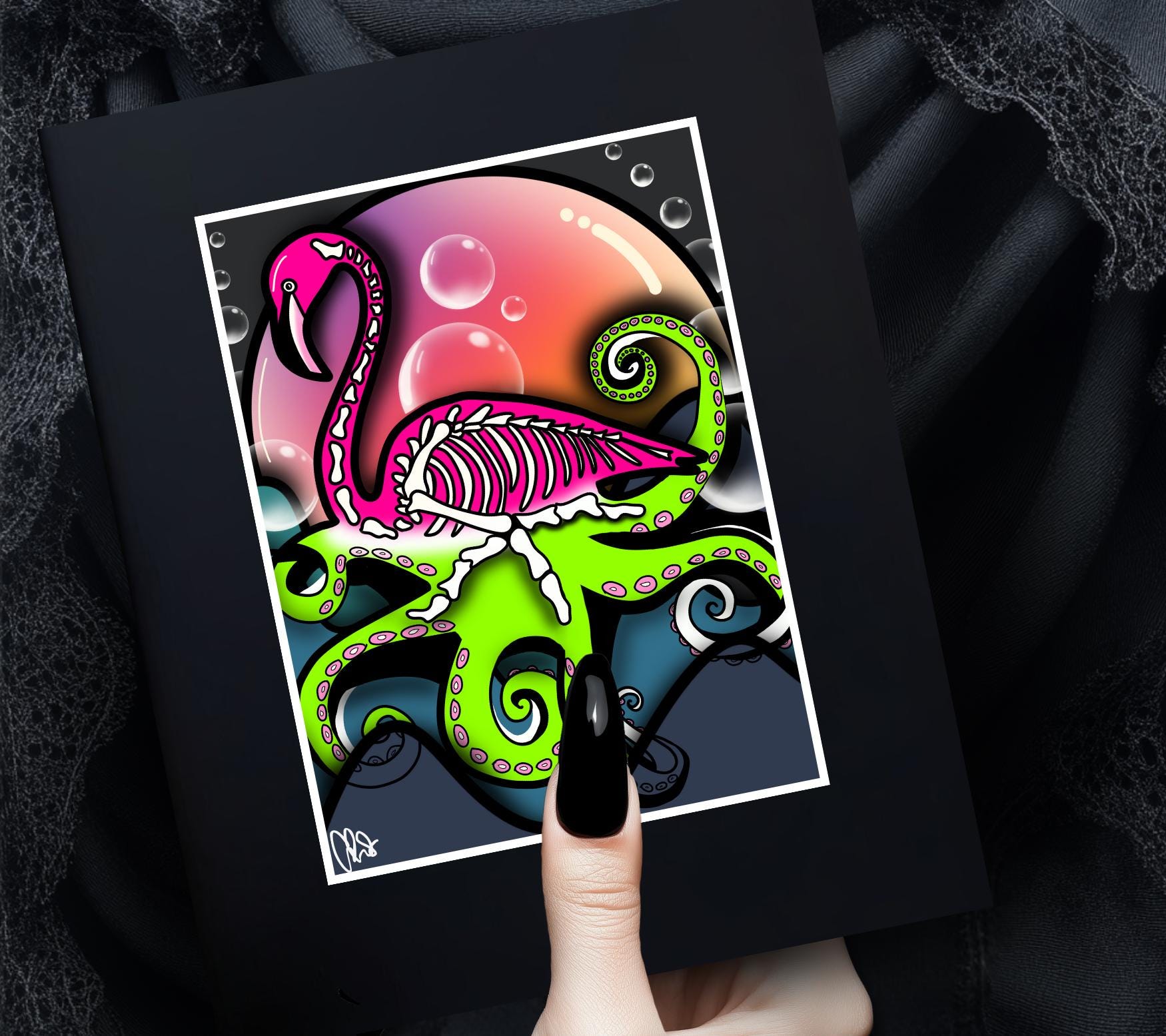 Sunset Flamingo Skeleton Octopus Art Print – Dark Gothic Ocean Vibes with a Surreal Twist, 11x14 Matted or Frameable 8x10 Design