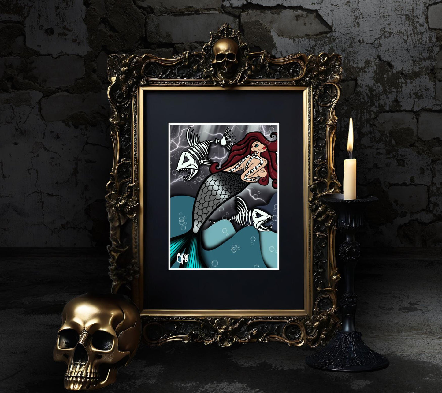 Skeleton Mermaid & Dead Sea Gothic Art Print – Haunting Red-Haired Siren with Dead Fish in Dark Ocean, 11x14 Matted Unique Decor