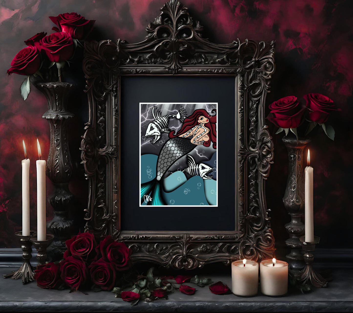 Skeleton Mermaid & Dead Sea Gothic Art Print – Haunting Red-Haired Siren with Dead Fish in Dark Ocean, 11x14 Matted Unique Decor