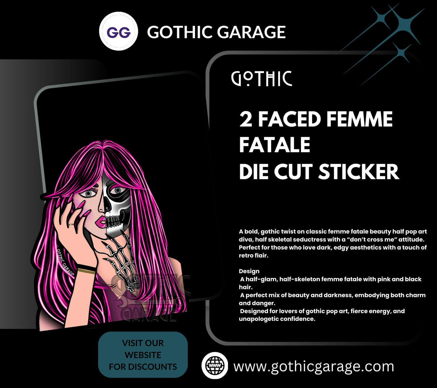 2 Faced Femme Fatale, Waterproof Die Cut Sticker, Choose Between Glossy or Holographic, Perfect to Add Fun to any Surface