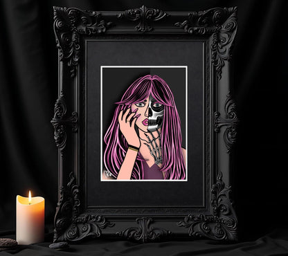 Pop Art Femme Fatale – Two-Faced Gothic Beauty & Skeleton Print, 11x14 Matted Goth and Beach Decor