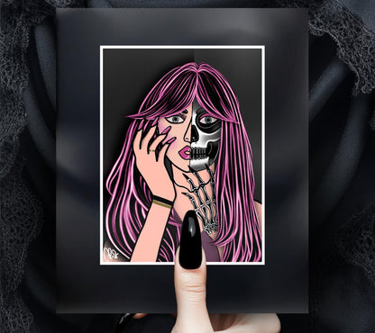 Pop Art Femme Fatale – Two-Faced Gothic Beauty & Skeleton Print, 11x14 Matted Goth and Beach Decor