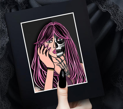 Pop Art Femme Fatale – Two-Faced Gothic Beauty & Skeleton Print, 11x14 Matted Goth and Beach Decor