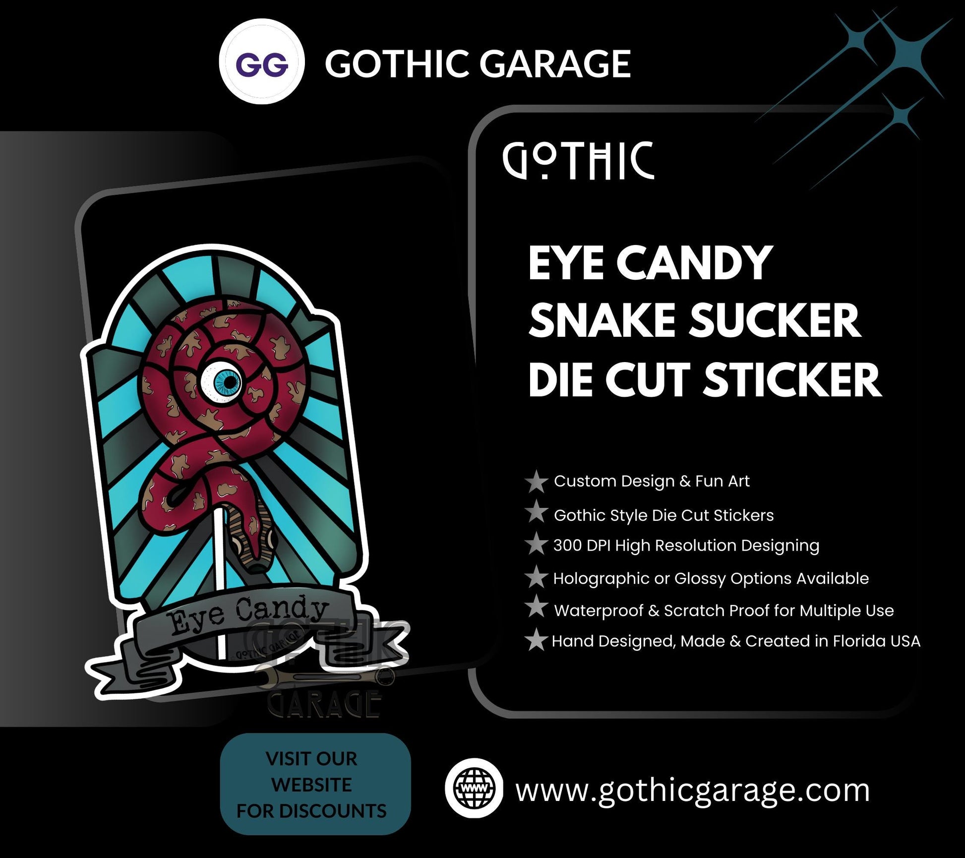 Eye Candy Snake Sucker, Waterproof Die Cut Sticker, Choose Between Glossy or Holographic, Perfect to Add Fun to any Surface