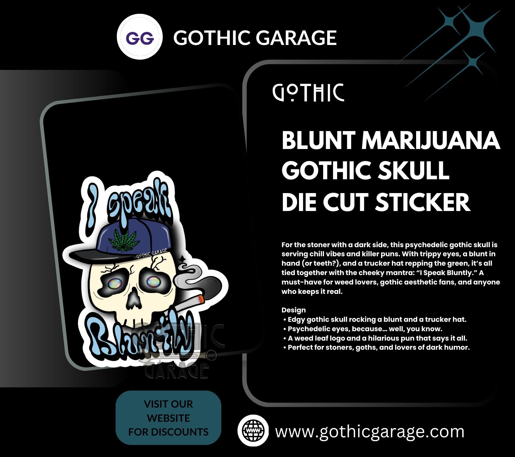 Blunt Marijuana Gothic Skull Waterproof Sticker – Where Fun Meets Plant-Powered Vibes! - Perfect for Scrapbooking and Collecting