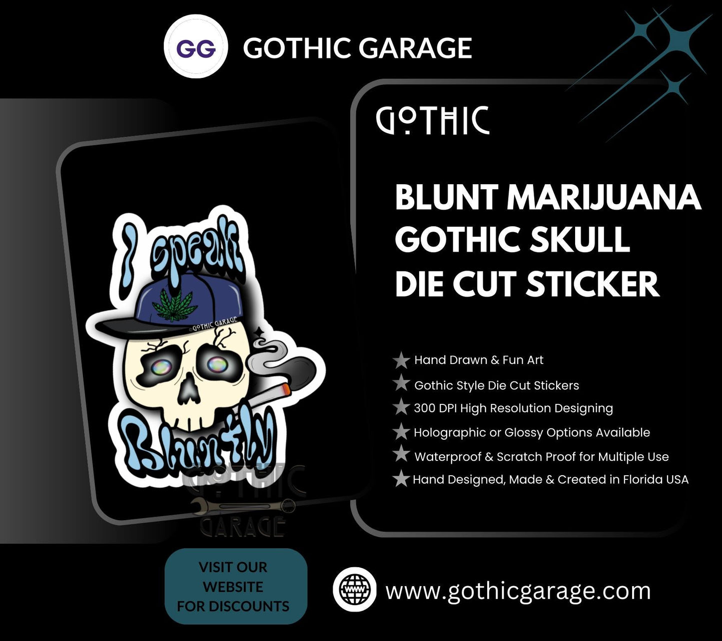 Blunt Marijuana Gothic Skull Waterproof Sticker – Where Fun Meets Plant-Powered Vibes! - Perfect for Scrapbooking and Collecting