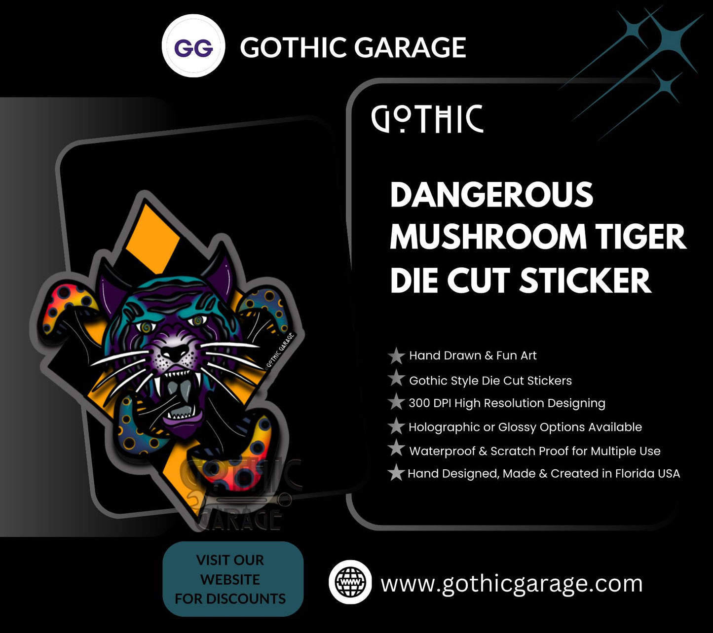 Dangerous Goth Mushroom Tiger, Waterproof Die Cut Sticker, Choose Between Glossy or Holographic, Perfect to Add Fun to any Surface