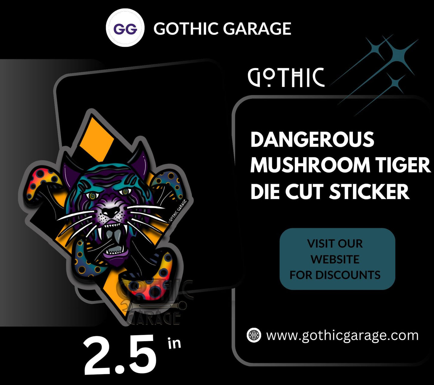 Dangerous Goth Mushroom Tiger, Waterproof Die Cut Sticker, Choose Between Glossy or Holographic, Perfect to Add Fun to any Surface