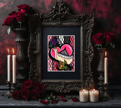 Dark Oddity Romance Art Print - Gothic Heart, Dagger & Roses – Punk Aesthetic 11x14 Wall Art for Alternative Home Decor