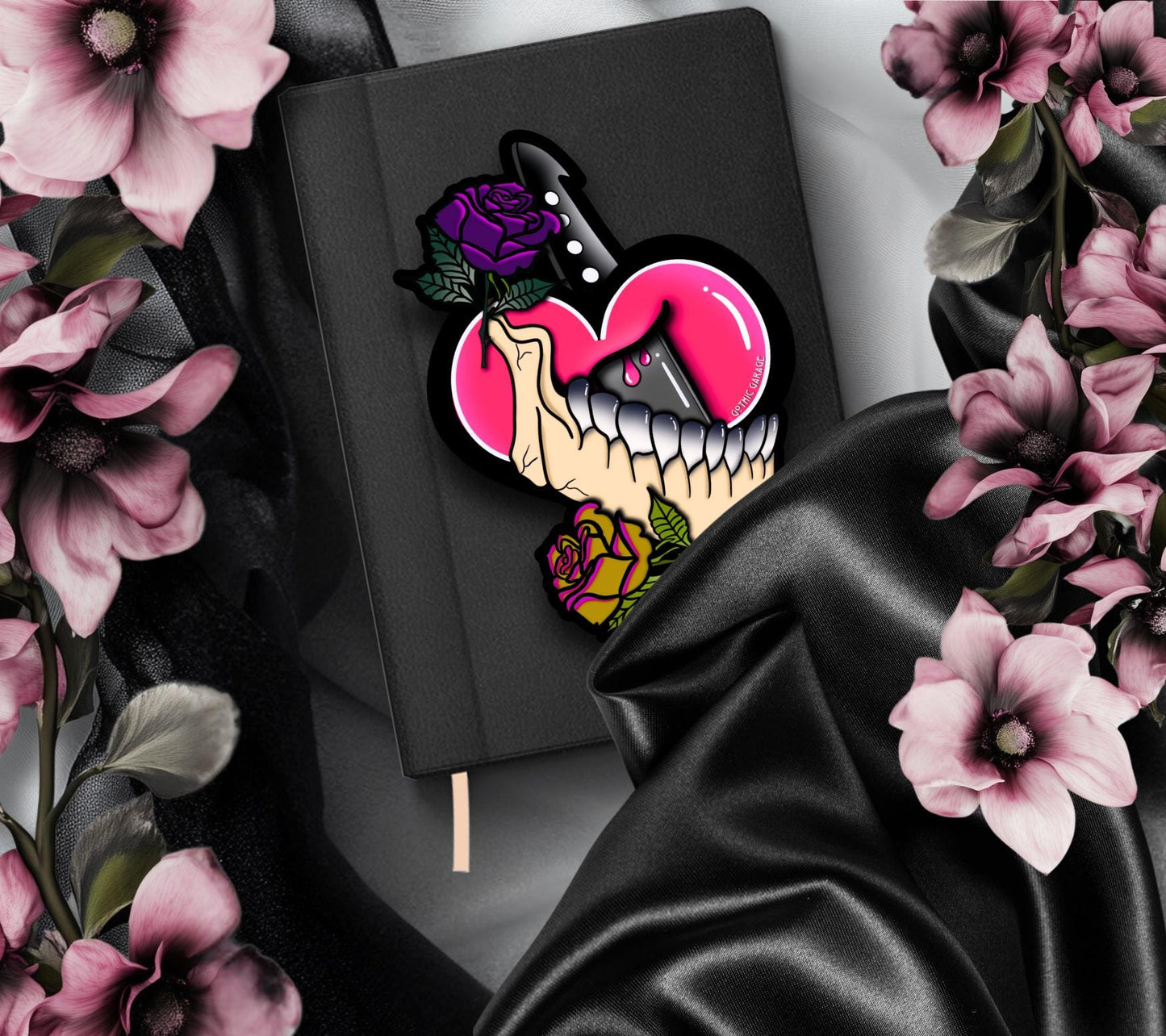 Dark Oddity Romance Waterproof Sticker - Skeleton Bone & Roses, Glossy or Holographic Options - Perfect for Laptops, Journals and Much More