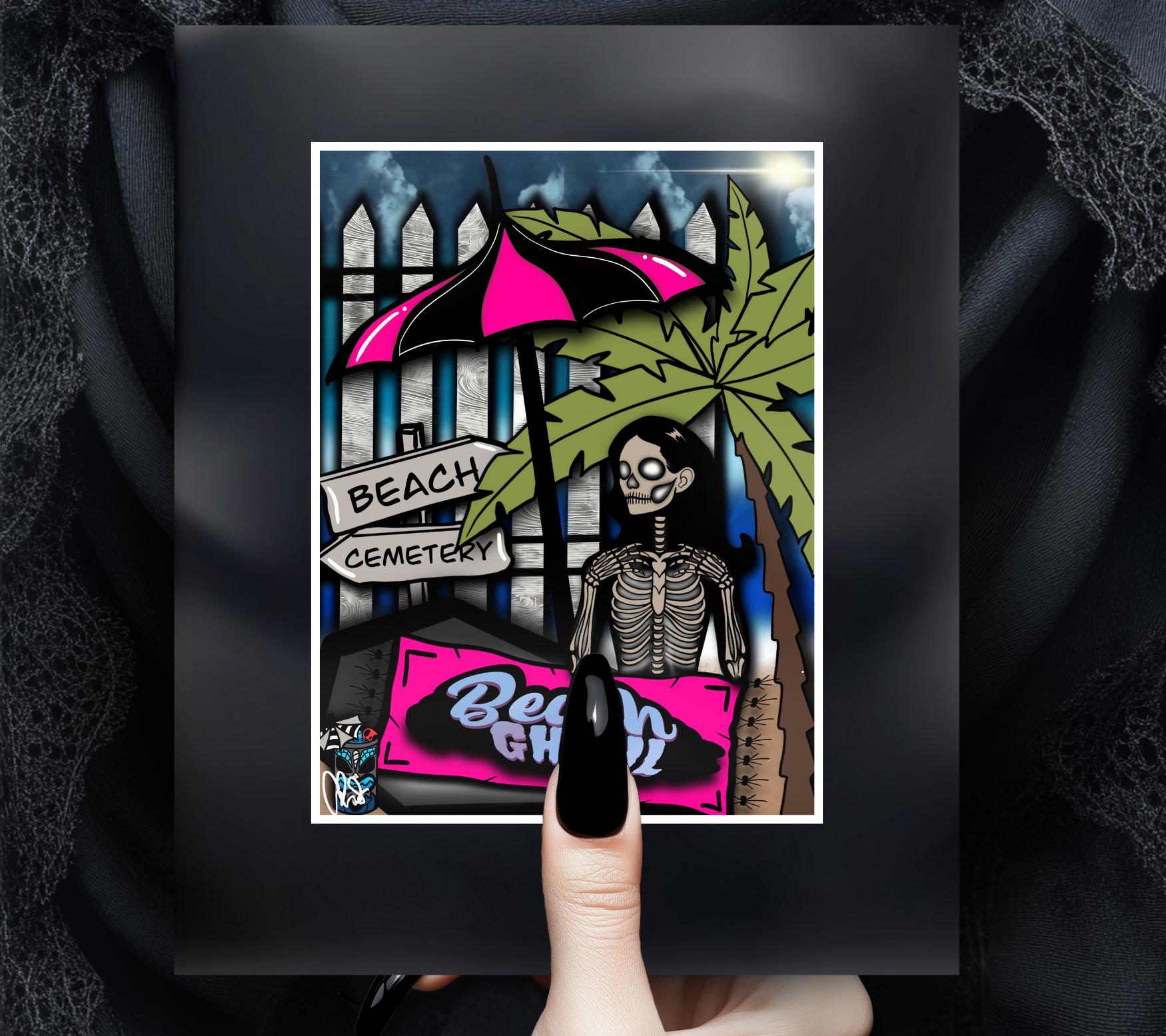 Skeleton Beach Ghoul - Matted Gothic Art Print, Dark Fantasy Wall Art 11x14 Handcrafted in Florida