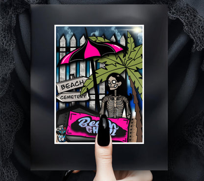 Skeleton Beach Ghoul - Matted Gothic Art Print, Dark Fantasy Wall Art 11x14 Handcrafted in Florida