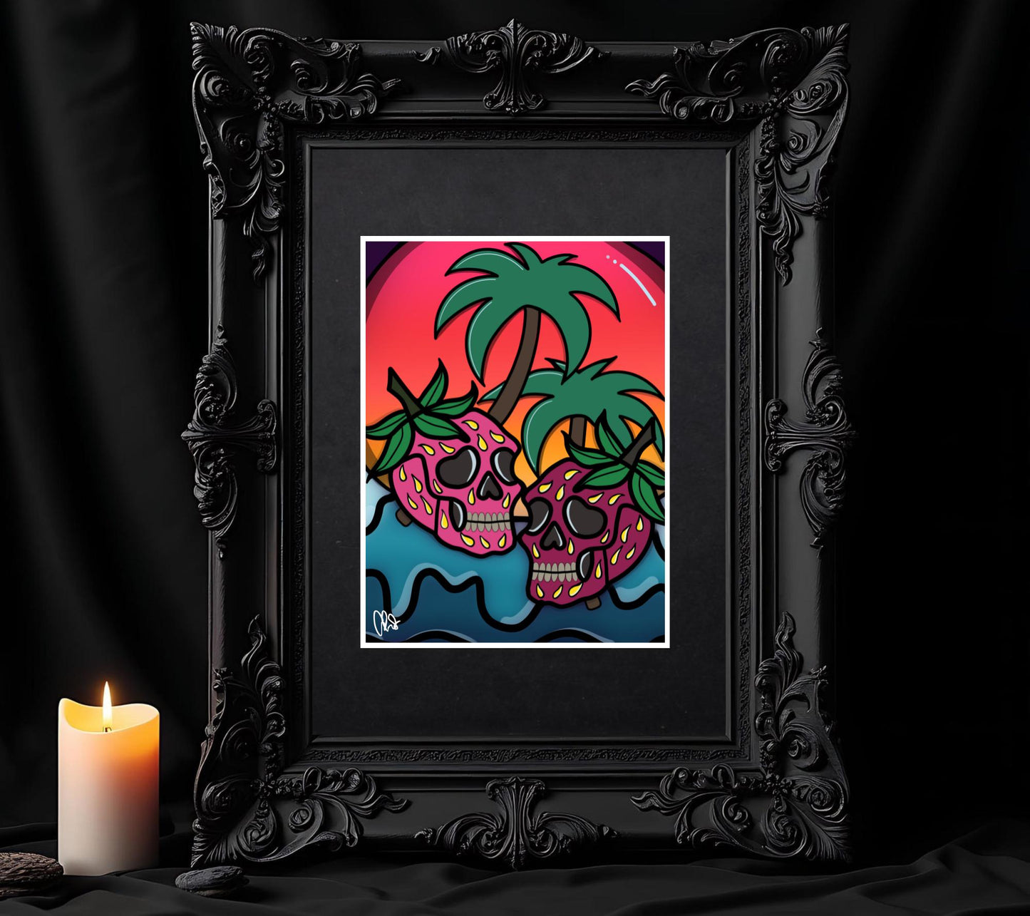 Florida Strawberry Skulls Art Print – Gothic Cute Design, 11x14 Matted, Sunset & Palm Trees, Hand-Drawn, Signed Artwork