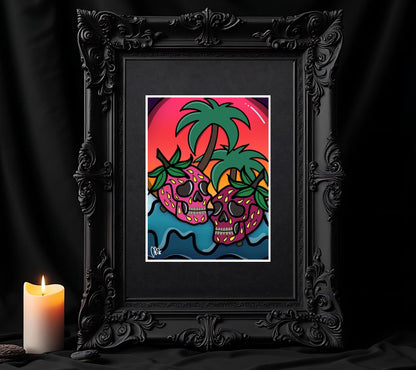 Florida Strawberry Skulls Art Print – Gothic Cute Design, 11x14 Matted, Sunset & Palm Trees, Hand-Drawn, Signed Artwork