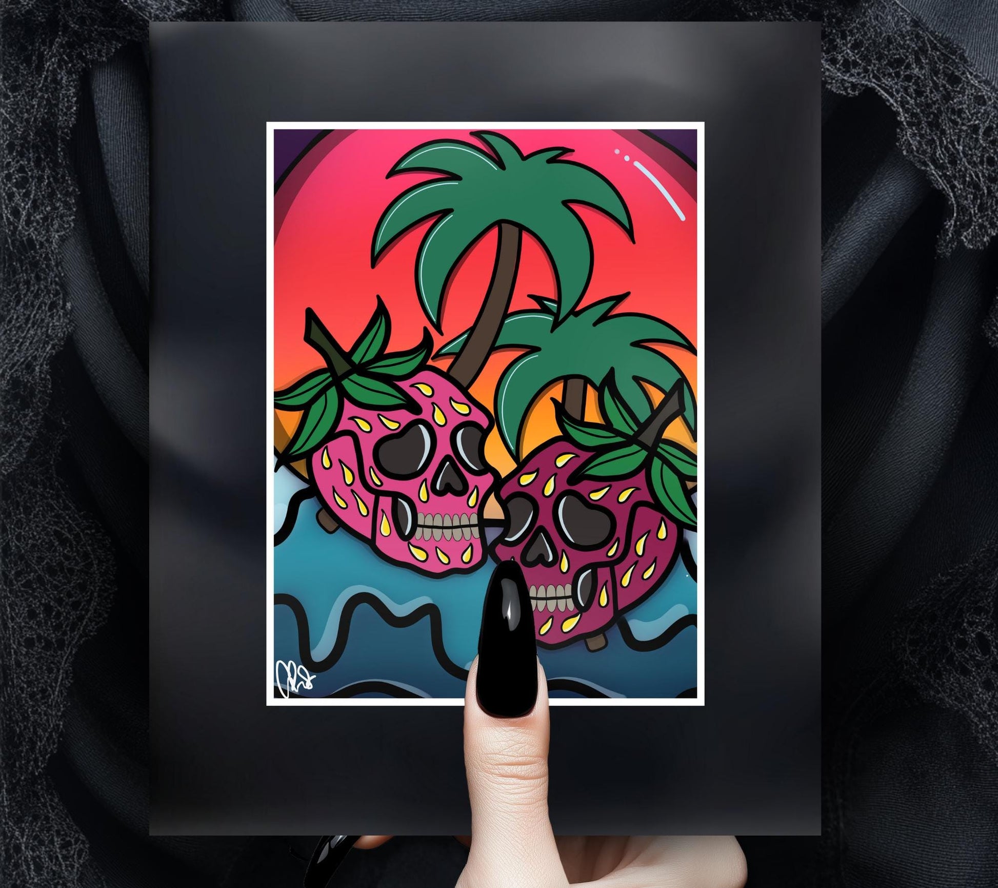 Florida Strawberry Skulls Art Print – Gothic Cute Design, 11x14 Matted, Sunset & Palm Trees, Hand-Drawn, Signed Artwork