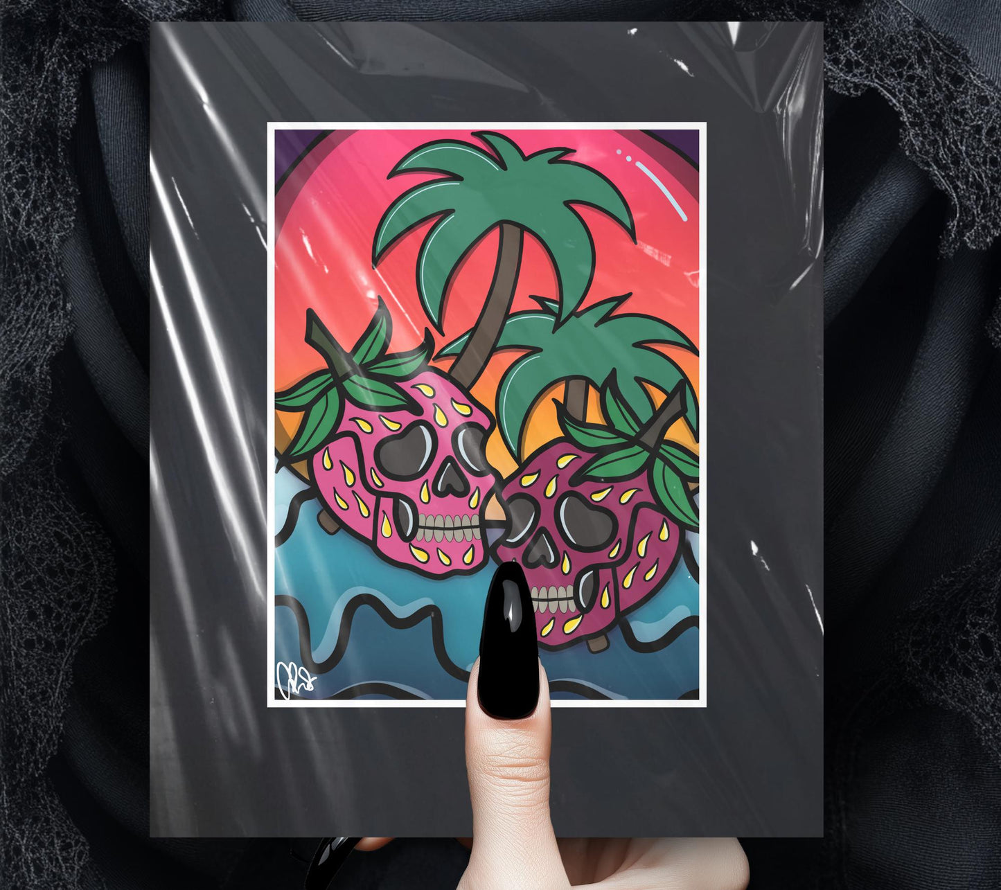 Florida Strawberry Skulls Art Print – Gothic Cute Design, 11x14 Matted, Sunset & Palm Trees, Hand-Drawn, Signed Artwork