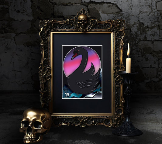 Dark Florida Pink Sunset Black Swan Art Print – 11x14 Matted, Elegant Gothic Ocean Scene, Hand-Drawn & Signed Artwork