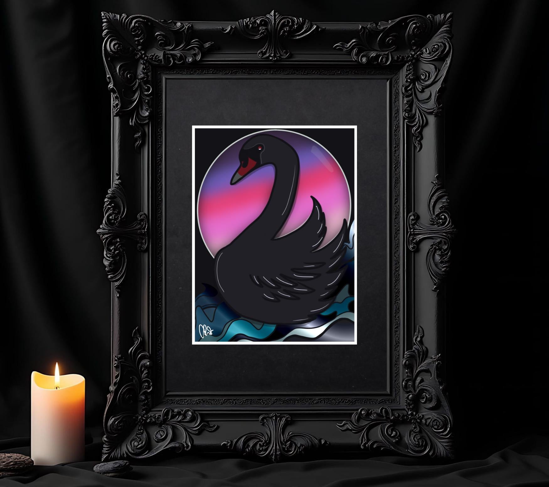 Dark Florida Pink Sunset Black Swan Art Print – 11x14 Matted, Elegant Gothic Ocean Scene, Hand-Drawn & Signed Artwork