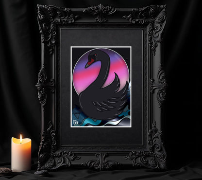 Dark Florida Pink Sunset Black Swan Art Print – 11x14 Matted, Elegant Gothic Ocean Scene, Hand-Drawn & Signed Artwork